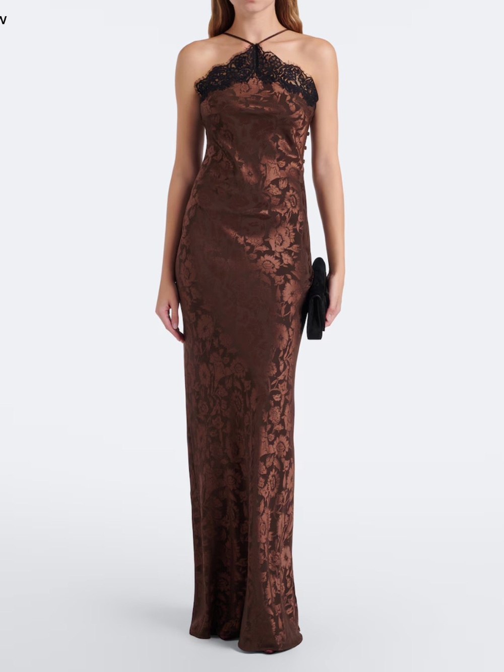 Veronica Beard Brown Lace-Trim Halter Evening Gown